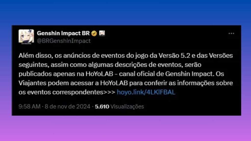 O Fim das Publicações no X Genshin Impact 5.2 Deixa o X para o HoYoLab