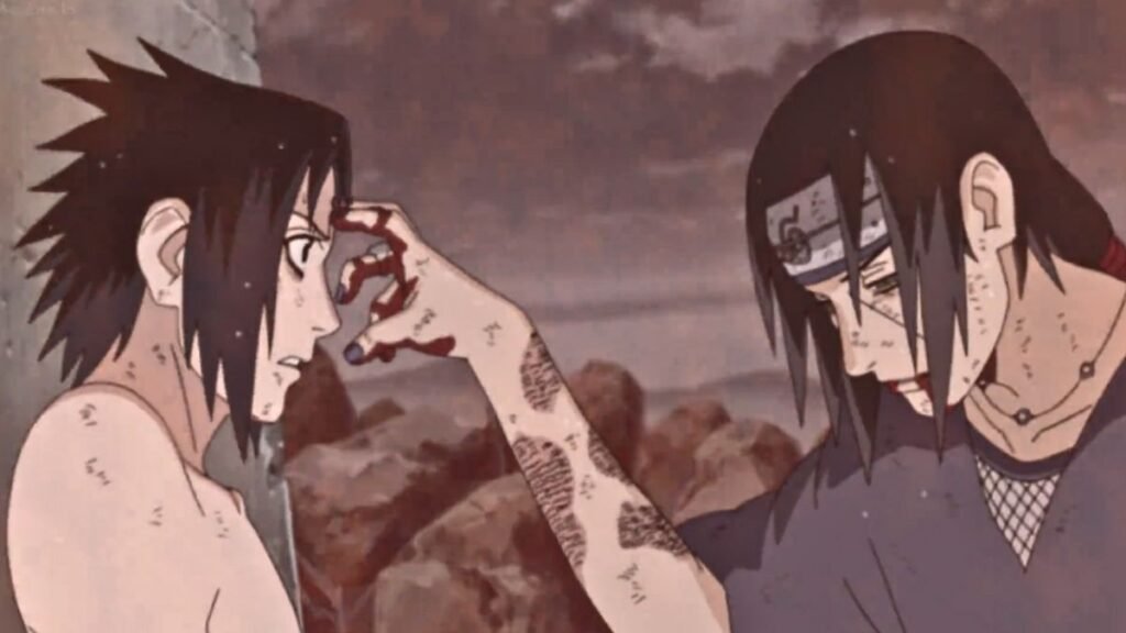 Itachi tocando na testa de Sasuke Batalha Predestinada Entre Irmãos