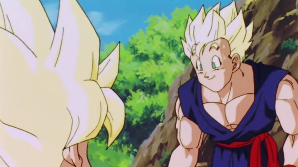 Goten se transforma em Super Saiyajin pela primeira vez para Gohan