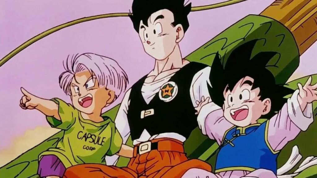 Trunks Gohan e Goten em cima de Sheng Long Abertura de Dragon Ball Z