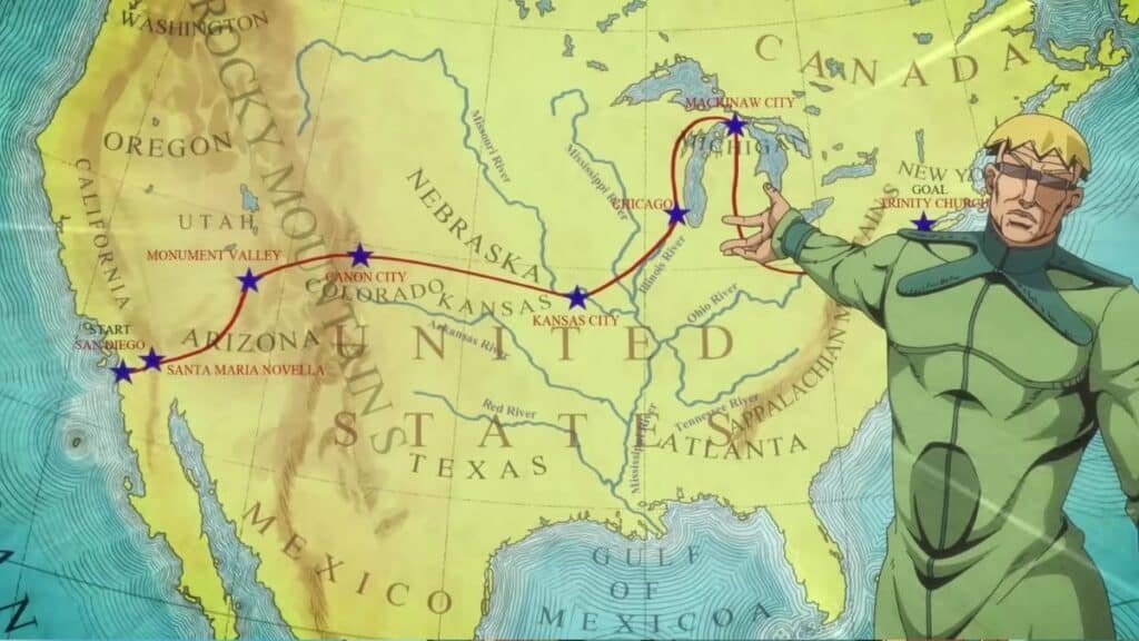 JoJo’s Bizarre Adventure Parte 7: Steel Ball Run preocupa fãs antes da estreia em 2026 4 Parte 7 de JoJo’s Bizarre Adventure Steel Ball Run percursso da corrida